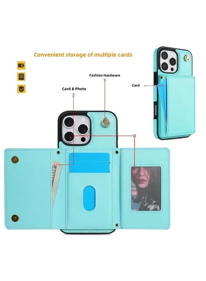 حقيبة هاتف IPhone 15 Plus باللون الأخضر النعناعي مع حامل البطاقات وحبل التعليق - Image 5